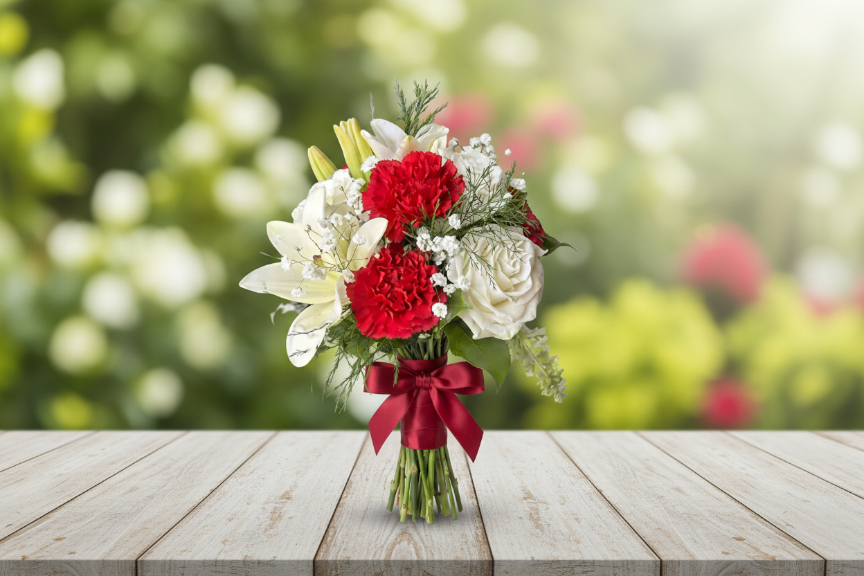 Red & White Hand-Tied Bouquet – Natural Setting