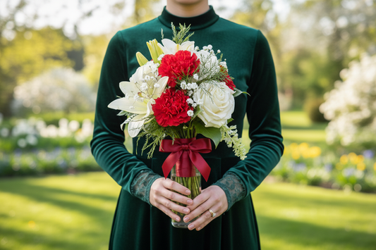 Red & White Hand-Tied Bouquet – Person Holding Outdoor