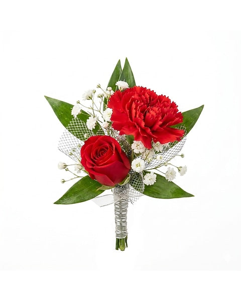 Bold Red Rose and Carnation Prom Boutonniere