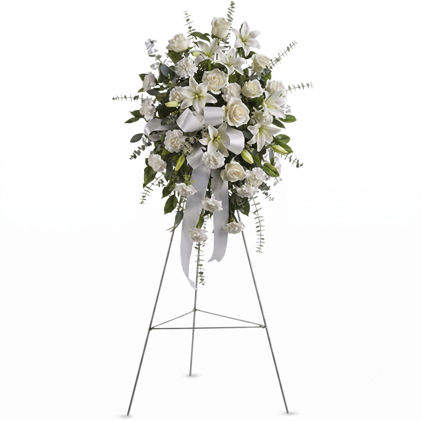 White funeral standing spray with roses and lilies on easel stand
