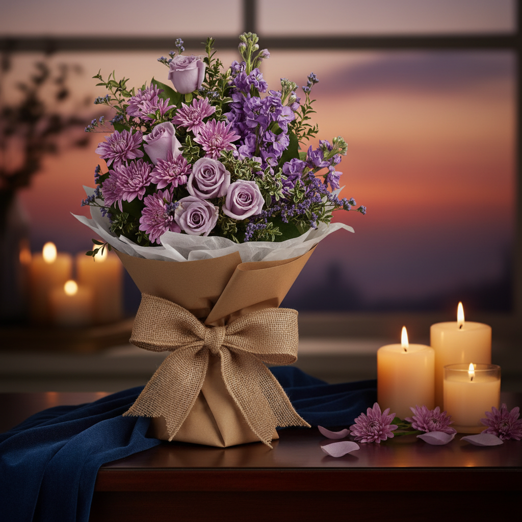Together At Twilight Wrapped Bouquet in a romantic twilight setting