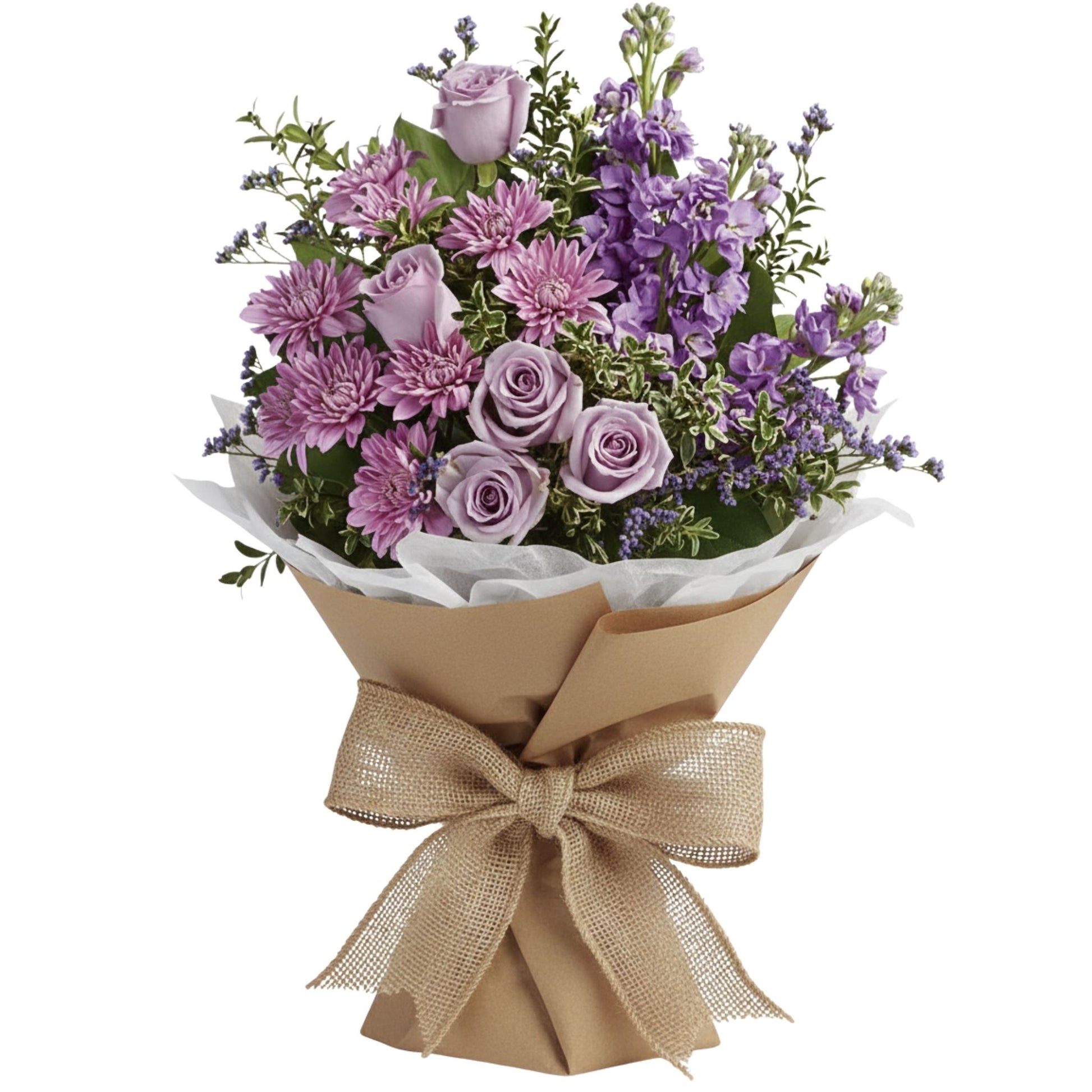 Lavender roses and purple stock wrapped bouquet with burlap bow — Karen's Floral Expressions, Bolingbrook, IL