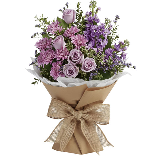 Lavender roses and purple stock wrapped bouquet with burlap bow — Karen's Floral Expressions, Bolingbrook, IL