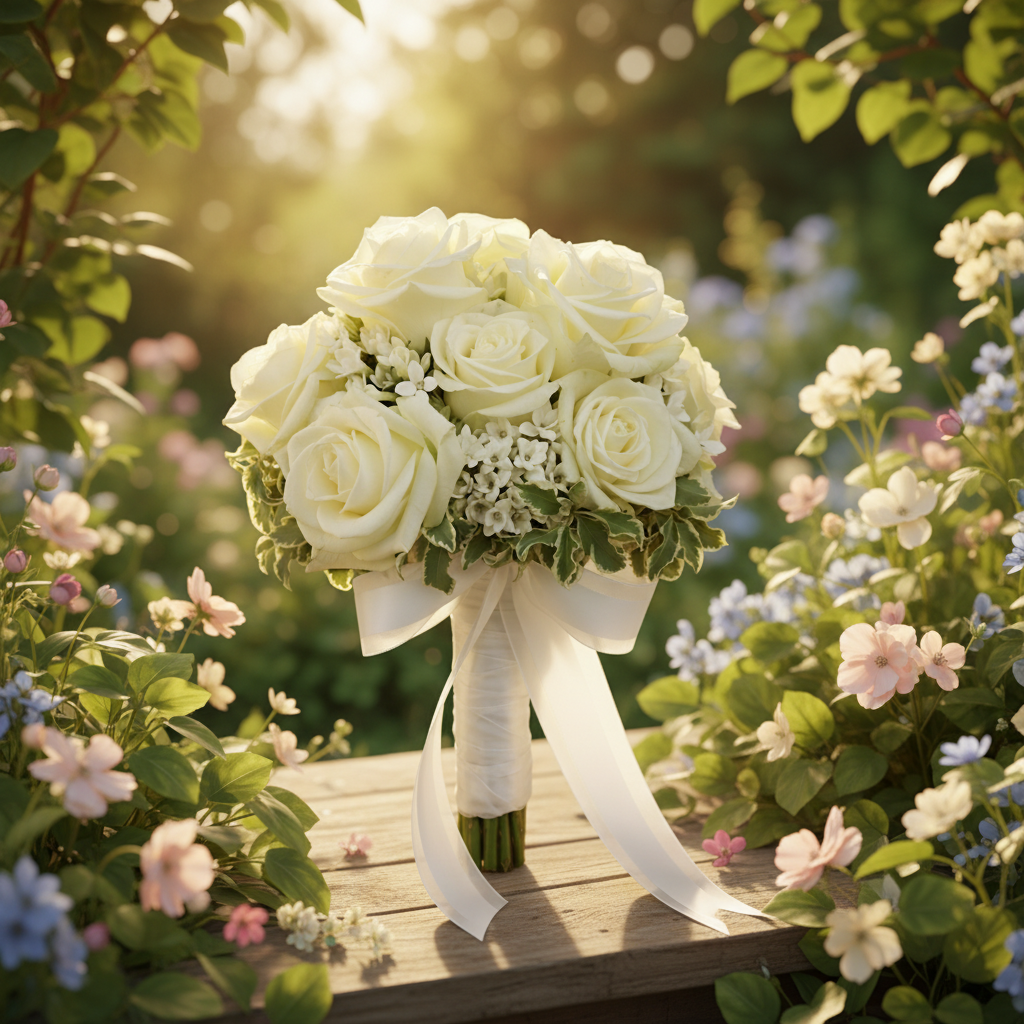 White Hand Tied Bouquet in Natural Setting