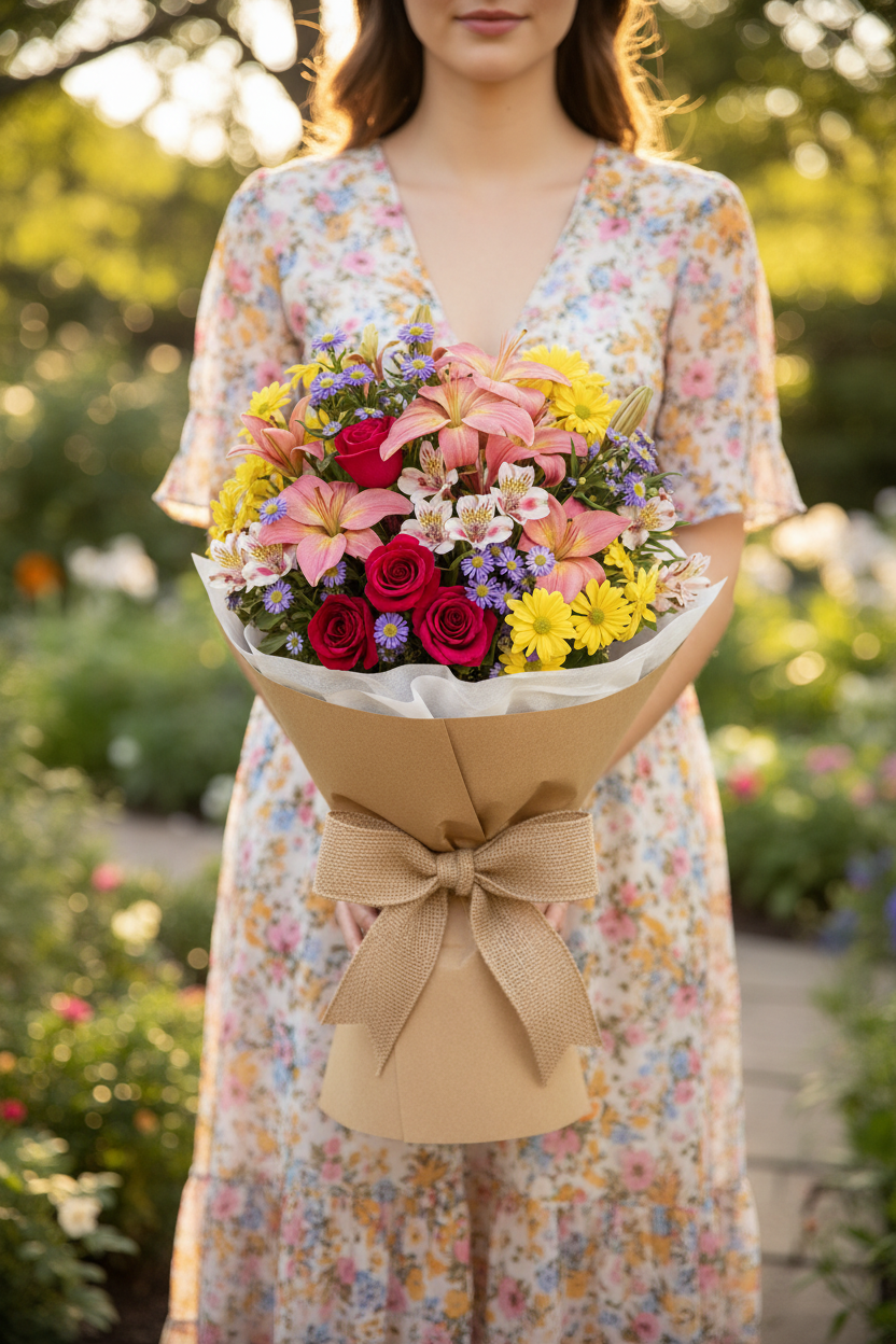 Woman holding Afternoon in the Garden Wrapped Bouquet