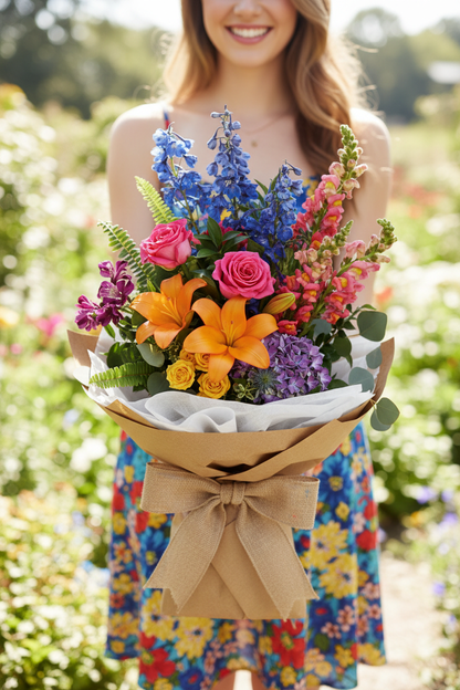 Woman holding Colors Of The Rainbow Wrapped Bouquet