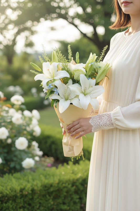 Woman holding Fresh Lilies Wrapped Bouquet