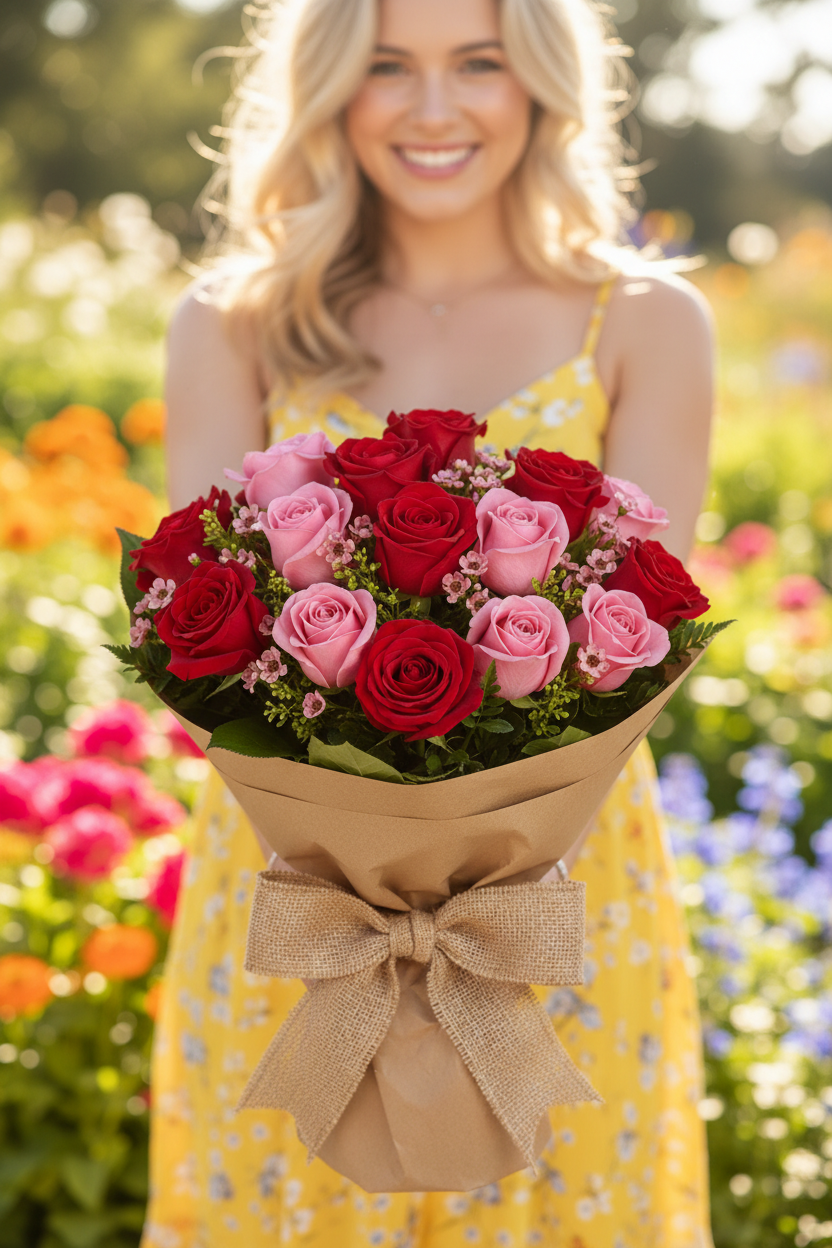 Woman holding Glorious Day Wrapped Bouquet
