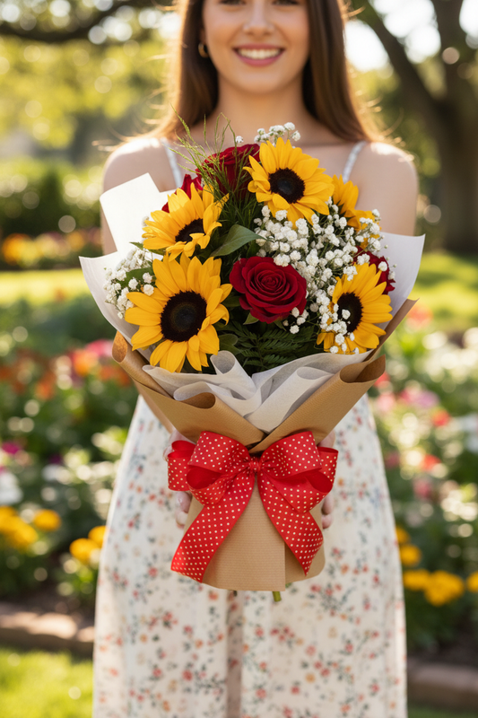 Woman holding Heartfelt Sunflower and Roses Wrapped Bouquet