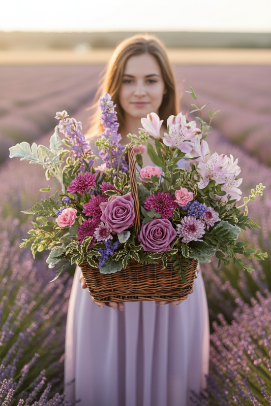 Woman holding Lavender Meadow Basket