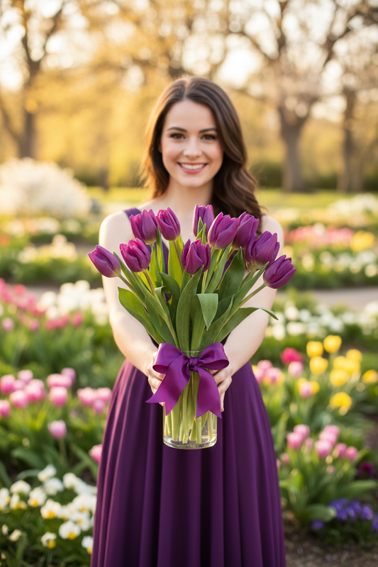 Woman holding Passionate Purple Tulips