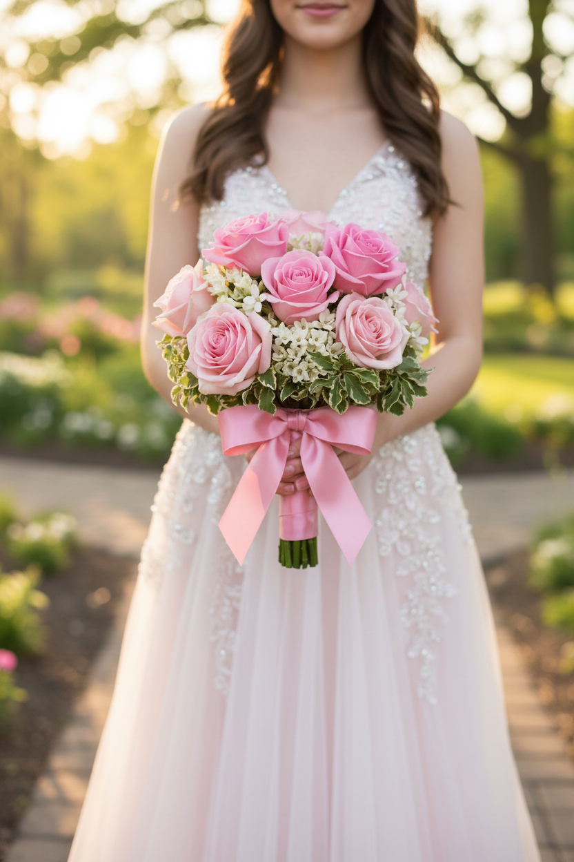 Woman holding Pink Hand Tied Bouquet