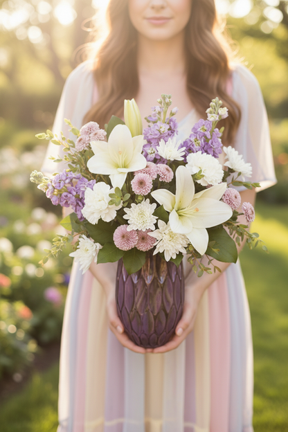 Woman holding Purple Lovely Pastels Bouquet