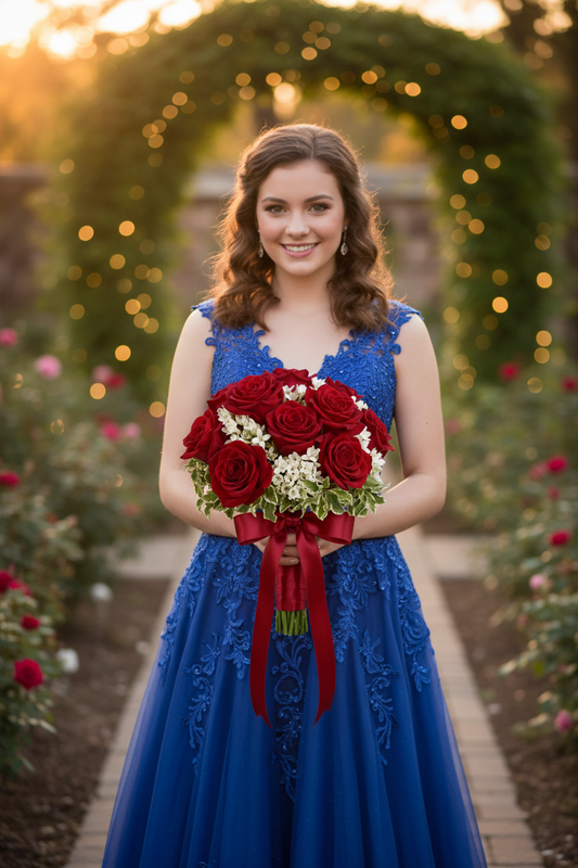 Woman holding Red Hand Tied Bouquet