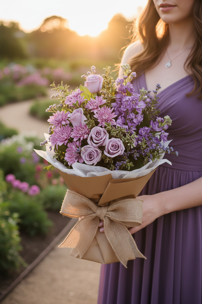 Woman holding Together At Twilight Wrapped Bouquet