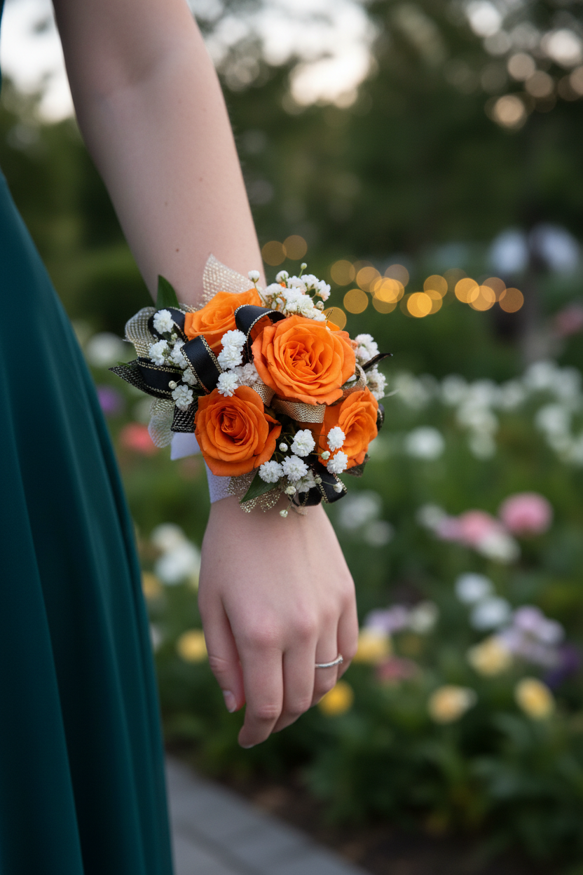 Woman wearing Orange Rose Wrist Corsage