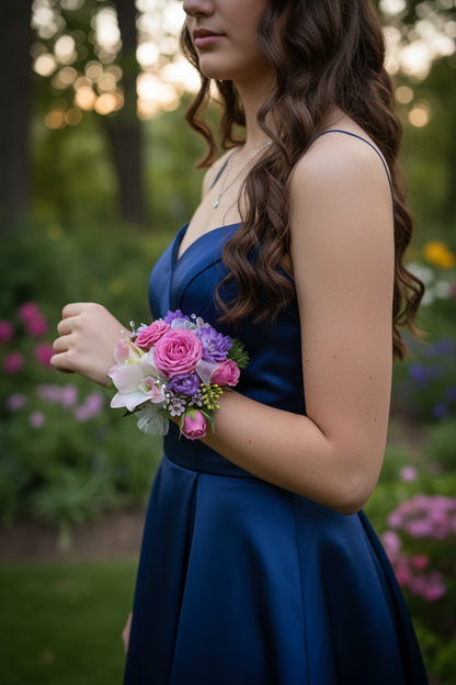 Woman wearing Pink & Purple Orchid Rose Wrist Corsage