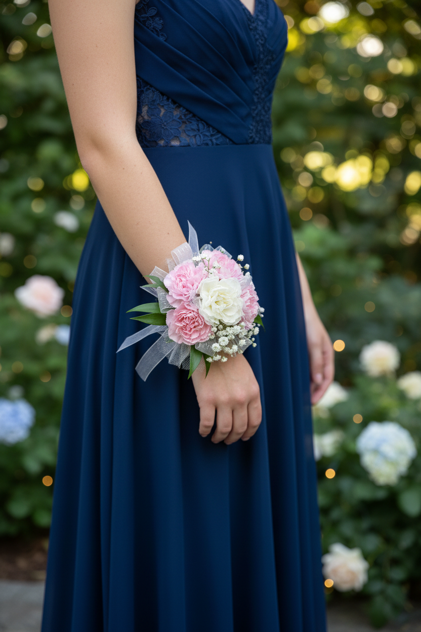 Woman wearing Pink & White Carnation Wrist Corsage
