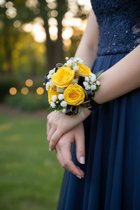 Woman wearing Yellow Rose Wrist Corsage